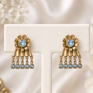 Vintage 1950s Blue Rhinestone Flower Earrings